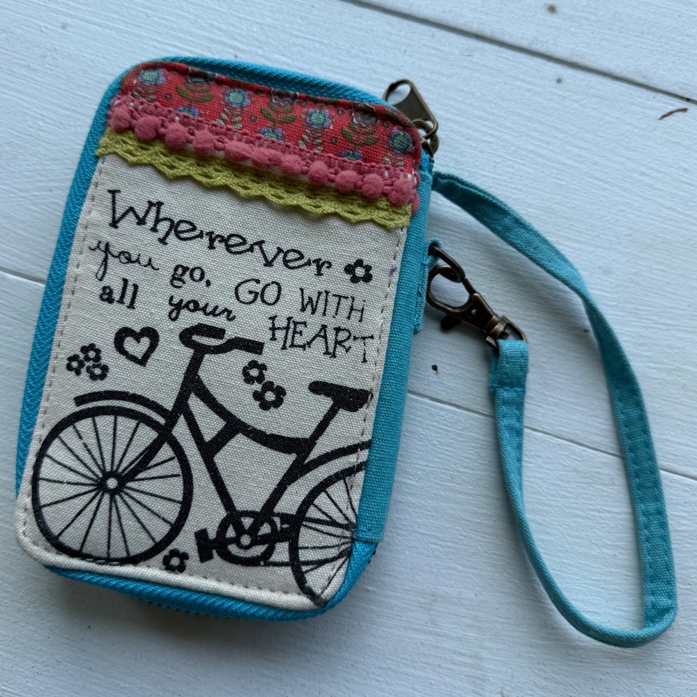 Natural Life Canvas Bicycle Wristlet Wallet Teal Purple Boho Floral